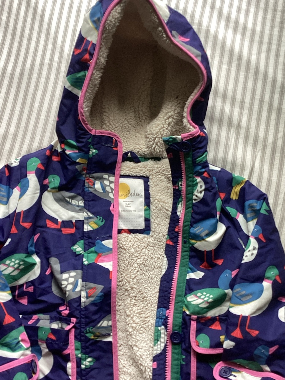Mini Boden Purple Seagull-Print Hooded Raincoat with Sherpa Lining